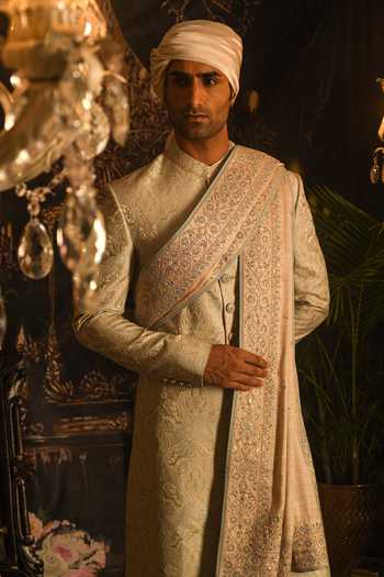 Buy_Punit Arora_Grey Silk Sequins, Zari Paisley Embroidered Sherwani Set _Online_at_Aza_Fashions