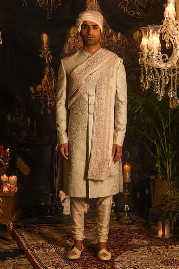Buy_Punit Arora_Grey Silk Sequins, Zari Paisley Embroidered Sherwani Set _at_Aza_Fashions