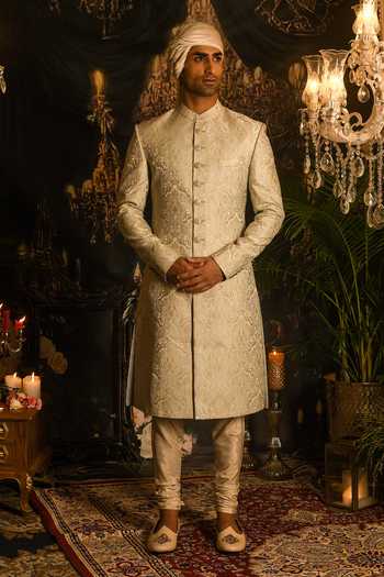 Shop_Punit Arora_Grey Silk Sequins, Zari Paisley Embroidered Sherwani Set _at_Aza_Fashions