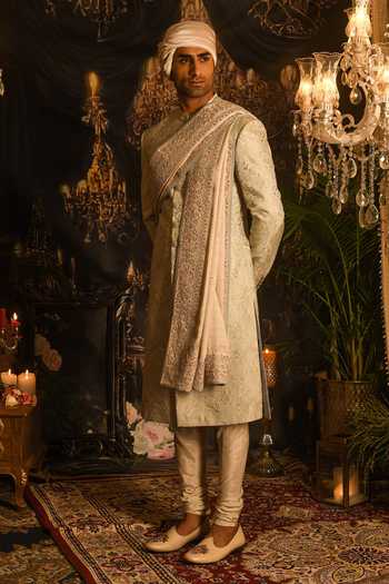 Shop_Punit Arora_Grey Silk Sequins, Zari Paisley Embroidered Sherwani Set _Online_at_Aza_Fashions