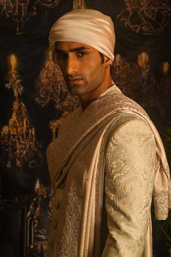 Punit Arora_Grey Silk Sequins, Zari Paisley Embroidered Sherwani Set _at_Aza_Fashions