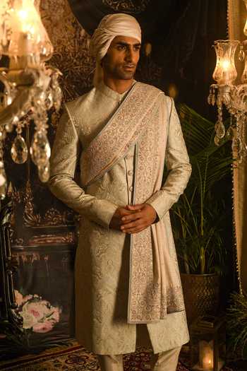 Buy_Punit Arora_Grey Silk Sequins, Zari Paisley Embroidered Sherwani Set 