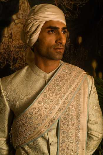 Shop_Punit Arora_Grey Silk Sequins, Zari Paisley Embroidered Sherwani Set 