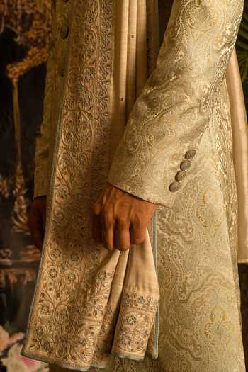 Punit Arora_Grey Silk Sequins, Zari Paisley Embroidered Sherwani Set _Online