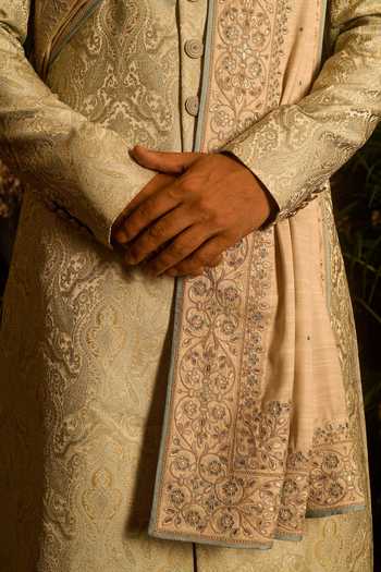 Buy_Punit Arora_Grey Silk Sequins, Zari Paisley Embroidered Sherwani Set _Online