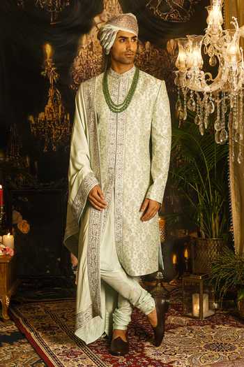 Shop_Punit Arora_Green Silk Embroidery, Sequins, Zari, Dabka Work Thread Sherwani Set _at_Aza_Fashions