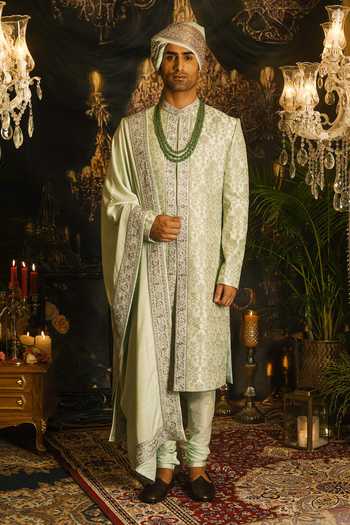 Buy_Punit Arora_Green Silk Embroidery, Sequins, Zari, Dabka Work Thread Sherwani Set _Online_at_Aza_Fashions