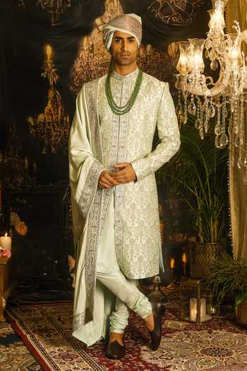 Shop_Punit Arora_Green Silk Embroidery, Sequins, Zari, Dabka Work Thread Sherwani Set _Online_at_Aza_Fashions