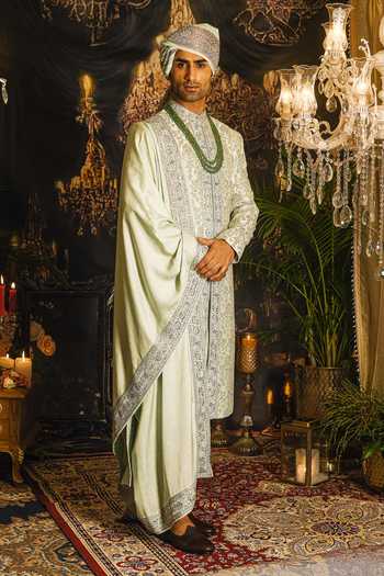 Punit Arora_Green Silk Embroidery, Sequins, Zari, Dabka Work Thread Sherwani Set _Online