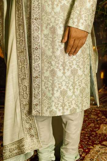 Buy_Punit Arora_Green Silk Embroidery, Sequins, Zari, Dabka Work Thread Sherwani Set _Online
