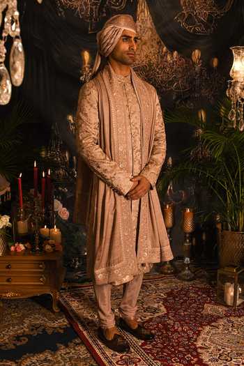 Punit Arora_Beige Silk Embroidery, Zari, Sequins Floral Sherwani Set _Online_at_Aza_Fashions