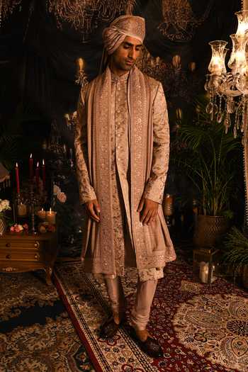 Shop_Punit Arora_Beige Silk Embroidery, Zari, Sequins Floral Sherwani Set _at_Aza_Fashions