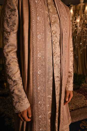 Buy_Punit Arora_Beige Silk Embroidery, Zari, Sequins Floral Sherwani Set _Online_at_Aza_Fashions