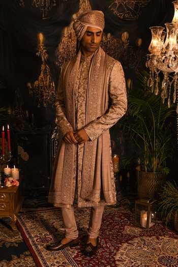 Shop_Punit Arora_Beige Silk Embroidery, Zari, Sequins Floral Sherwani Set _Online_at_Aza_Fashions