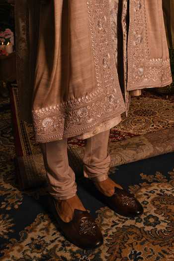 Punit Arora_Beige Silk Embroidery, Zari, Sequins Floral Sherwani Set _at_Aza_Fashions