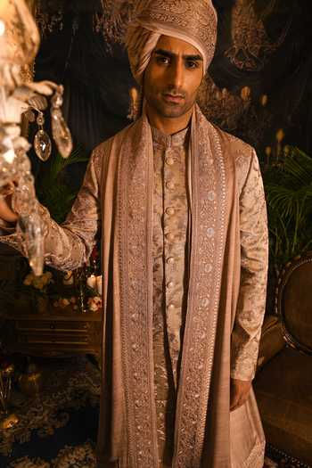 Buy_Punit Arora_Beige Silk Embroidery, Zari, Sequins Floral Sherwani Set 