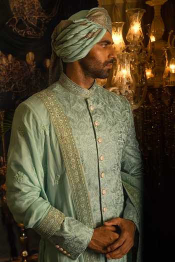 Punit Arora_Green Silk Sequins, Zari, Tassels Aari Embroidered Sherwani Set _Online_at_Aza_Fashions