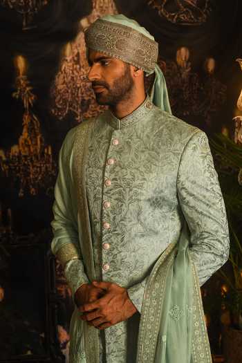 Buy_Punit Arora_Green Silk Sequins, Zari, Tassels Aari Embroidered Sherwani Set _Online_at_Aza_Fashions
