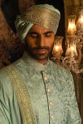 Shop_Punit Arora_Green Silk Sequins, Zari, Tassels Aari Embroidered Sherwani Set _Online_at_Aza_Fashions