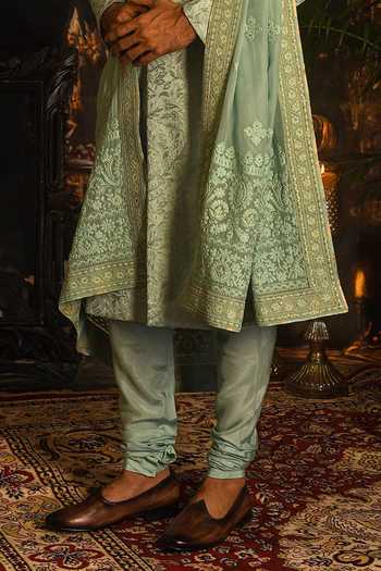 Punit Arora_Green Silk Sequins, Zari, Tassels Aari Embroidered Sherwani Set _at_Aza_Fashions