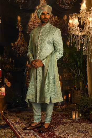 Shop_Punit Arora_Green Silk Sequins, Zari, Tassels Aari Embroidered Sherwani Set _at_Aza_Fashions