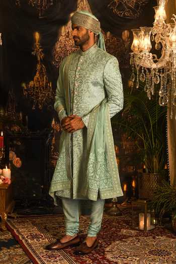 Buy_Punit Arora_Green Silk Sequins, Zari, Tassels Aari Embroidered Sherwani Set 
