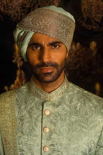 Shop_Punit Arora_Green Silk Sequins, Zari, Tassels Aari Embroidered Sherwani Set 
