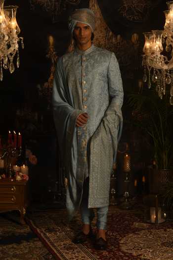 Buy_Punit Arora_Sky Blue Silk Sequins, Zari, Resham Floral Embroidered Sherwani Set _at_Aza_Fashions