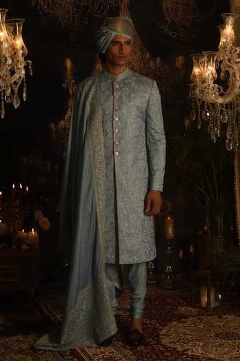 Shop_Punit Arora_Sky Blue Silk Sequins, Zari, Resham Floral Embroidered Sherwani Set _at_Aza_Fashions