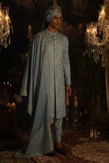 Punit Arora_Sky Blue Silk Sequins, Zari, Resham Floral Embroidered Sherwani Set _Online_at_Aza_Fashions