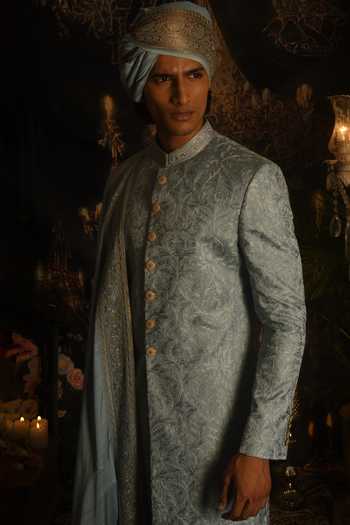 Buy_Punit Arora_Sky Blue Silk Sequins, Zari, Resham Floral Embroidered Sherwani Set _Online_at_Aza_Fashions