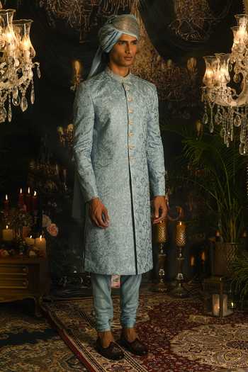 Shop_Punit Arora_Sky Blue Silk Sequins, Zari, Resham Floral Embroidered Sherwani Set _Online_at_Aza_Fashions