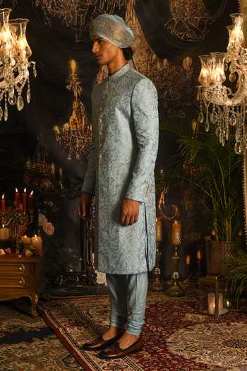 Punit Arora_Sky Blue Silk Sequins, Zari, Resham Floral Embroidered Sherwani Set _at_Aza_Fashions