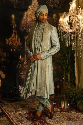 Shop_Punit Arora_Blue Silk Embroidery, Sequins, Zari Paisley Sherwani Set _at_Aza_Fashions