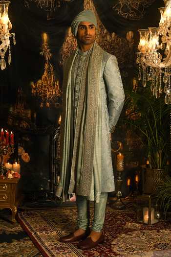 Punit Arora_Blue Silk Embroidery, Sequins, Zari Paisley Sherwani Set _Online_at_Aza_Fashions
