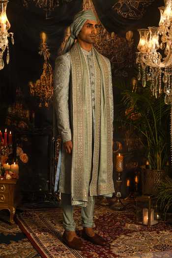 Buy_Punit Arora_Blue Silk Embroidery, Sequins, Zari Paisley Sherwani Set _Online_at_Aza_Fashions