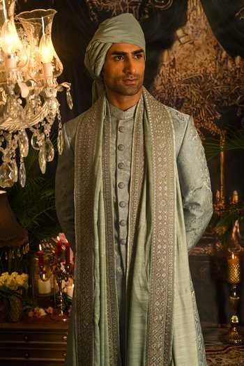Shop_Punit Arora_Blue Silk Embroidery, Sequins, Zari Paisley Sherwani Set _Online_at_Aza_Fashions