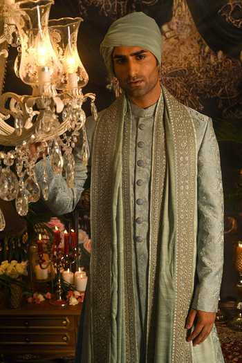 Punit Arora_Blue Silk Embroidery, Sequins, Zari Paisley Sherwani Set _at_Aza_Fashions