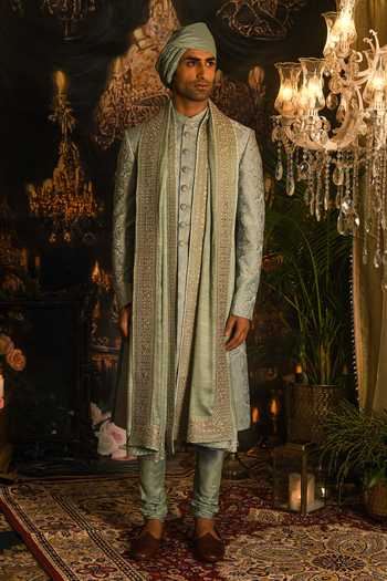 Buy_Punit Arora_Blue Silk Embroidery, Sequins, Zari Paisley Sherwani Set 