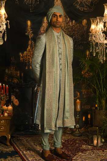Punit Arora_Blue Silk Embroidery, Sequins, Zari Paisley Sherwani Set _Online