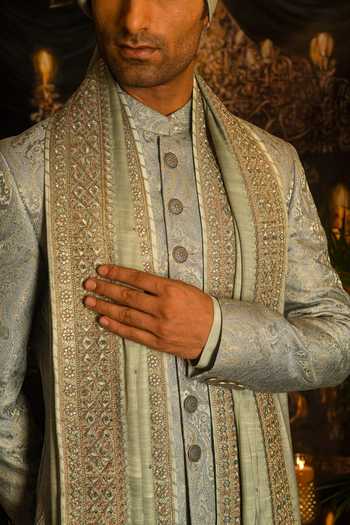 Buy_Punit Arora_Blue Silk Embroidery, Sequins, Zari Paisley Sherwani Set _Online