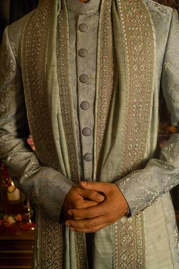 Shop_Punit Arora_Blue Silk Embroidery, Sequins, Zari Paisley Sherwani Set _Online