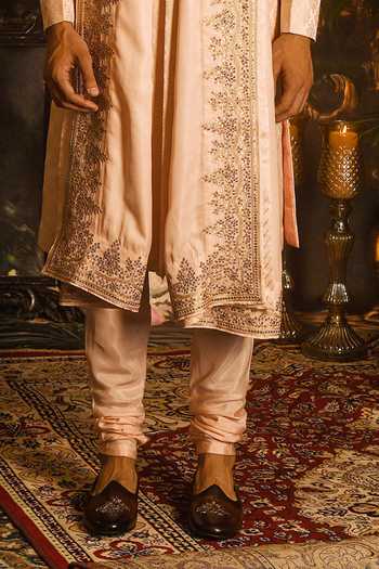 Punit Arora_Peach Silk Sequins, Zari Embroidered Sherwani Set _Online_at_Aza_Fashions