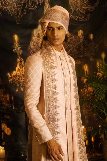 Buy_Punit Arora_Peach Silk Sequins, Zari Embroidered Sherwani Set _Online_at_Aza_Fashions