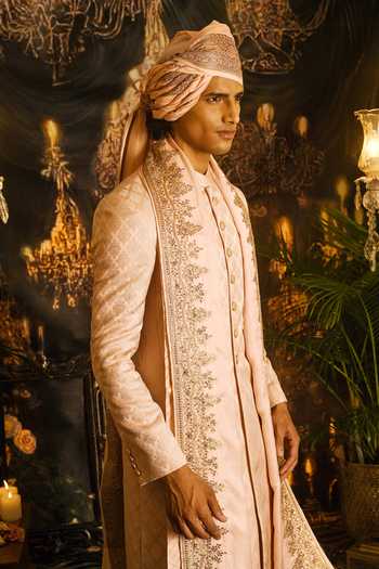 Shop_Punit Arora_Peach Silk Sequins, Zari Embroidered Sherwani Set _Online_at_Aza_Fashions