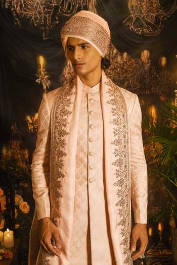 Punit Arora_Peach Silk Sequins, Zari Embroidered Sherwani Set _at_Aza_Fashions