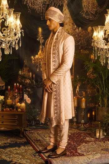 Shop_Punit Arora_Peach Silk Sequins, Zari Embroidered Sherwani Set _at_Aza_Fashions