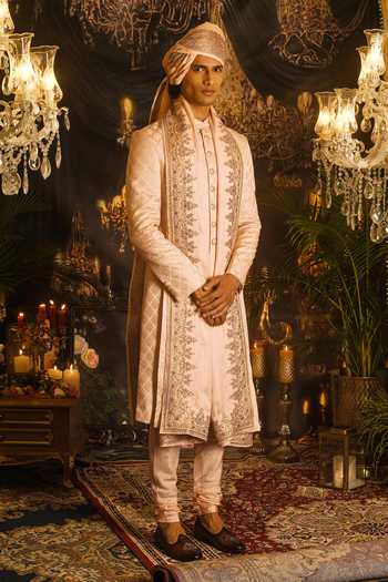 Buy_Punit Arora_Peach Silk Sequins, Zari Embroidered Sherwani Set 
