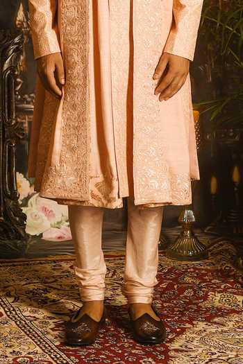 Punit Arora_Peach Silk Sequins, Zari Resham And Embroidered Sherwani Set _Online_at_Aza_Fashions