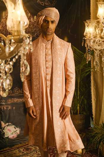 Buy_Punit Arora_Peach Silk Sequins, Zari Resham And Embroidered Sherwani Set _Online_at_Aza_Fashions